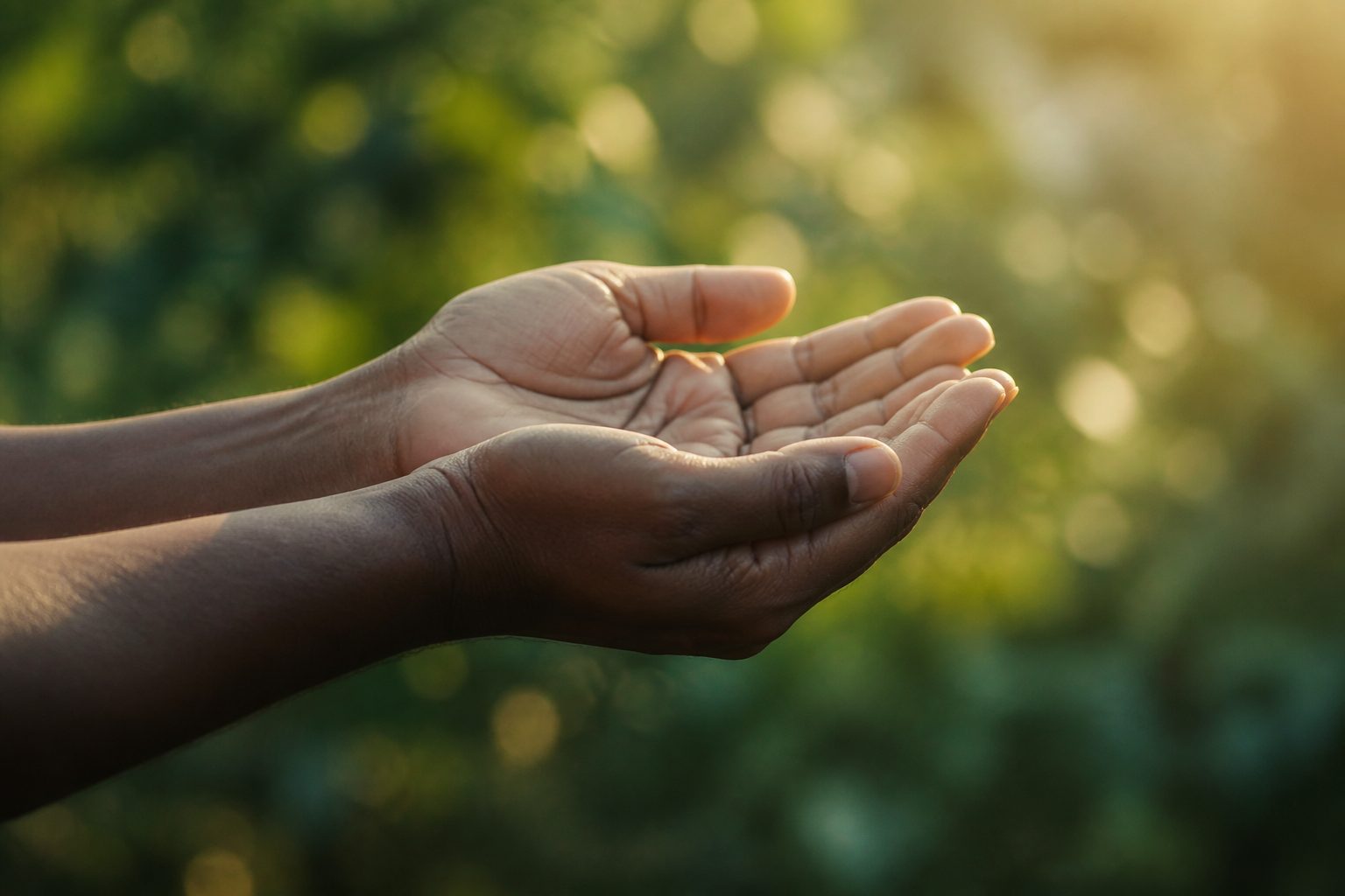 Open hands receiving in soft light